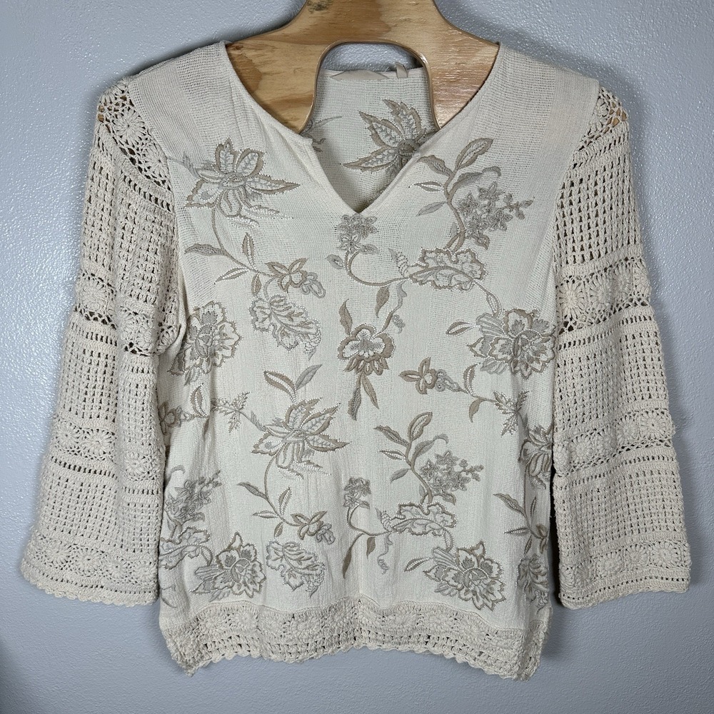 Soft Surroundings XL Ivory Beige Floral Embroidered Crochet Knit Sleeves Coastal